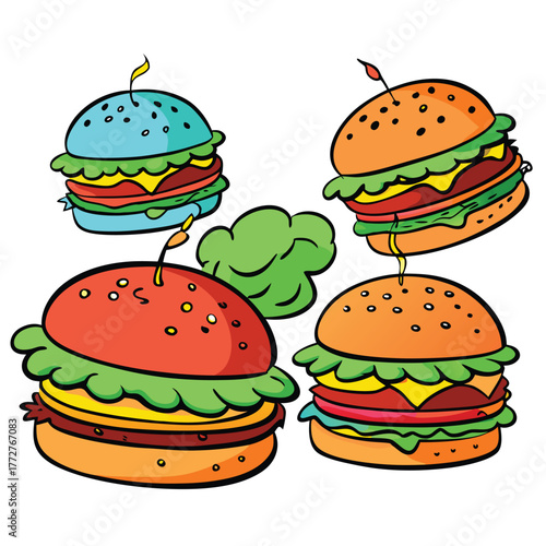 An illustration of various burger and fast-food items