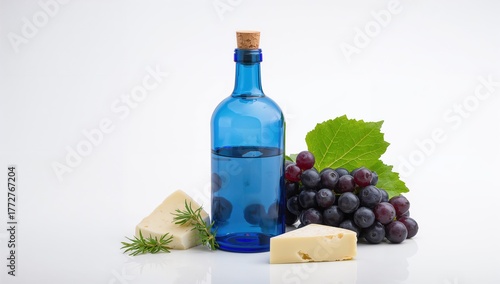 Blue bottle alongside grape...