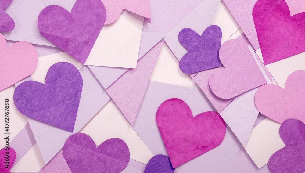 Fototapeta premium Geometric paper backdrop adorned with hearts in trendy purple and pink tones, suitable for festive and celebratory designs