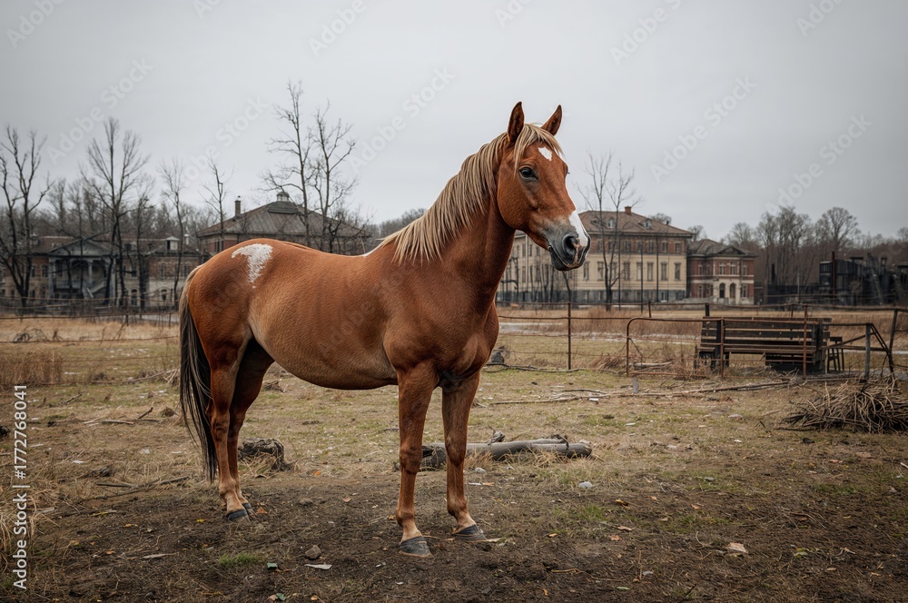 Fototapeta premium Wild horse roaming the charred forest area after a wildfire