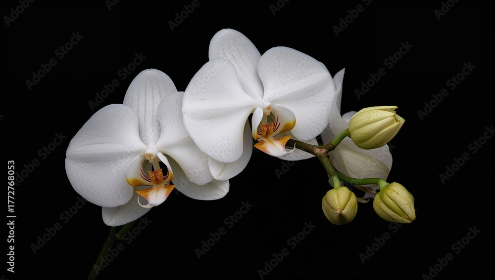 Obraz premium Blooming White Orchid Flowers and Buds on Dark Backdrop, suitable for editorial header background