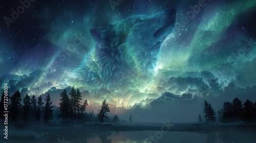 Siberian Shamanism Ethnic. A mystical wolf silhouette emerges against a starry sky and northern lights above a serene landscape.