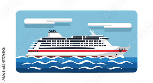 A large cruise ship or ferry sails on the ocean. This flat vector illustration shows a passenger liner on a sea voyage for vacation or travel