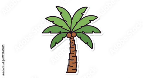 Stylized single cartoon palm tree sticker with green leaves and coconuts isolated on white
