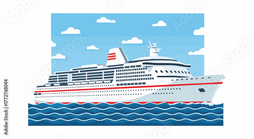 A large cruise ship sails on the ocean under a blue sky. This flat vector illustration shows a modern ocean liner on a summer vacation journey
