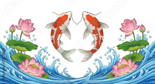 Elegant watercolor rendering of koi fish and lotus flowers on stylized ocean waves scene