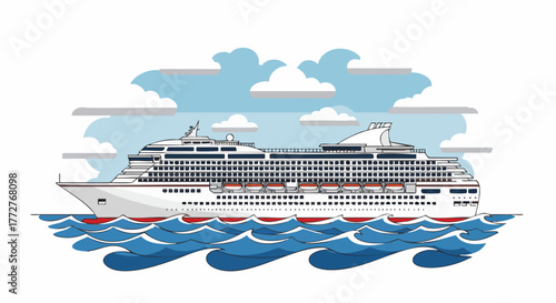 A large white cruise ship sails on the deep blue ocean with stylized waves and a partly cloudy sky