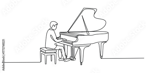 Continuous line drawing of a person playing a grand piano on a stool vector