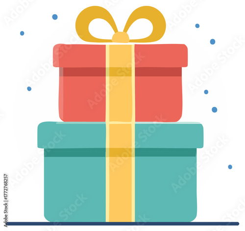Two stacked gift boxes with yellow ribbon and blue confetti