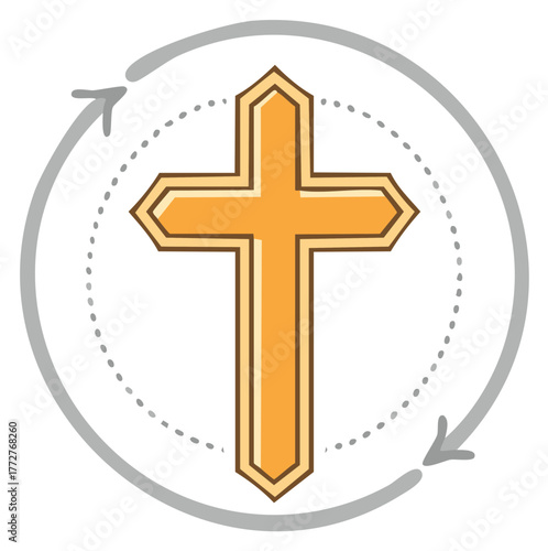 Golden Christian Cross with Circular Arrows Symbolizing Eternal Faith and Renewal