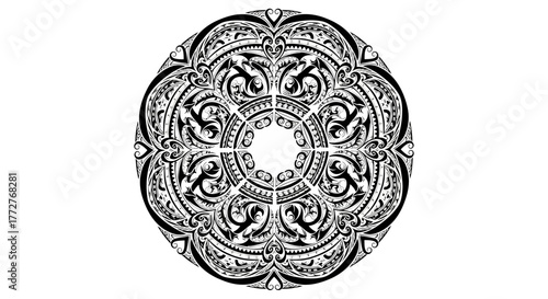 Intricate circular motif with tribal-inspired swirling designs in black and white elegance