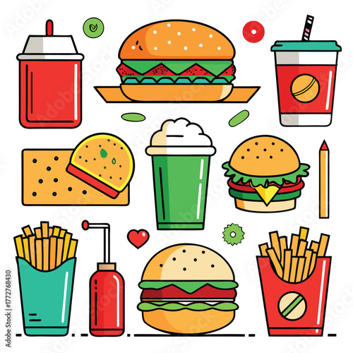 An illustration of various burger and fast-food items