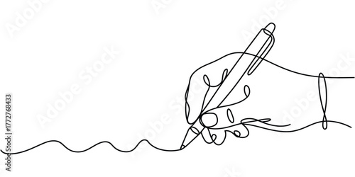 A minimalist continuous line drawing of a hand holding a pen creating a wavy line vector