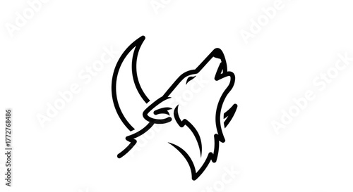 Minimalist wolf howling at moon illustration in stark black and white evoking wildness and