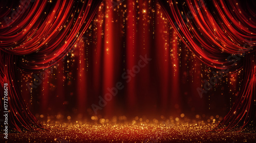 Red stage curtain with sparkles and empty copyspace for banner or backdrop