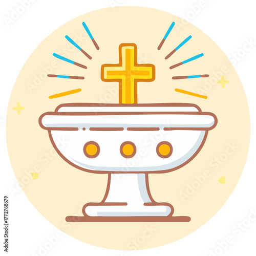 Cartoon illustration of baptismal font with a Christian cross and golden rays in a circle
