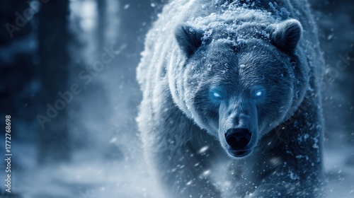 Siberian Shamanism Ethnic. Majestic bear in a snowy landscape with striking blue eyes and a fierce expression.