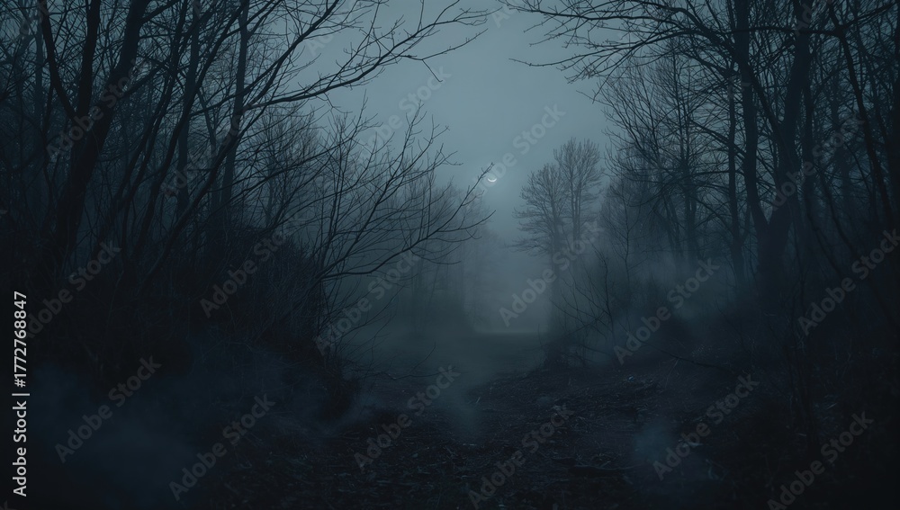 Obraz premium Enchanted gloomy woodland shrouded in dense mist