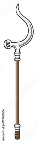 Crook Staff Illustration with Curved Hook Design, Wooden Handle, and Detailed Metallic Silver Finish