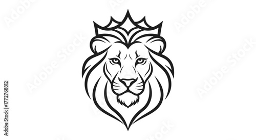 Monochrome depiction of a regal lion's head with an ornate crown majestic and powerful design