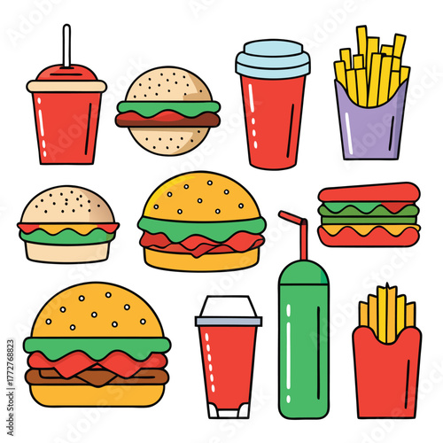 An illustration of various burger and fast-food items