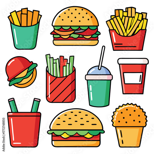 An illustration of various burger and fast-food items