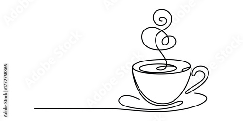 Single continuous line drawing of a steaming coffee cup and saucer minimalist art vector