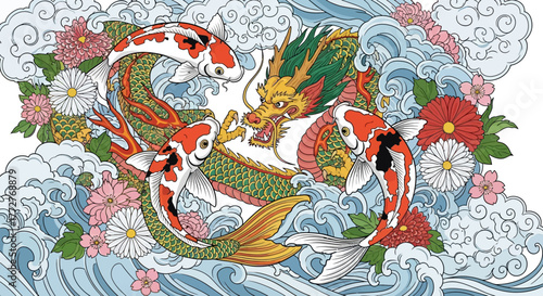 Illustration of traditional Japanese imagery, including koi fish dragon and chrysanthemums, rich