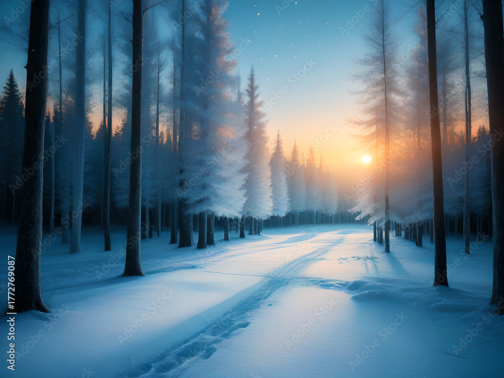 Naklejka premium Peaceful Winter Forest with Frosty Trees and Falling Snow at Sunrise.