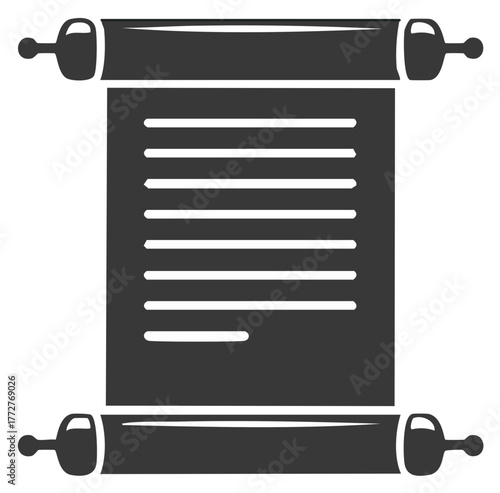 Simple flat icon of an ancient scroll with text lines. Papyrus manuscript or historic decree symbol.