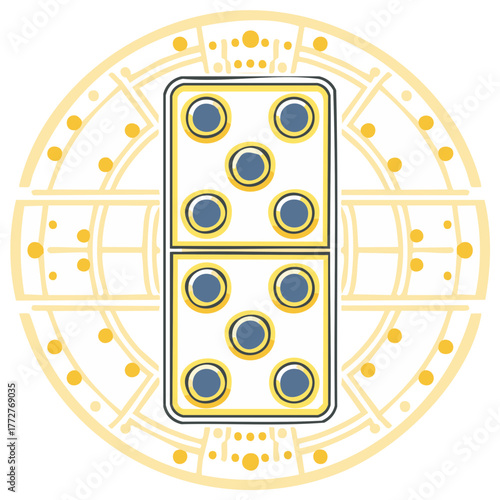 Double Domino Tile With Five Spots Each on a Yellow Geometric Round Background, Board Game, Game Piece, Number 5