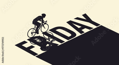 Silhouette cyclist riding over friday text creating a graphic and minimalist design