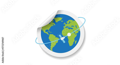 Global communication network sticker depicting satellite circling earth for worldwide access