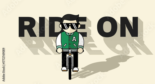 Stylized cyclist illustration with bold 'Ride On' message for active lifestyle promotion