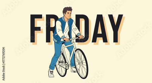Graphic illustration of a young man cycling on friday against a cream background