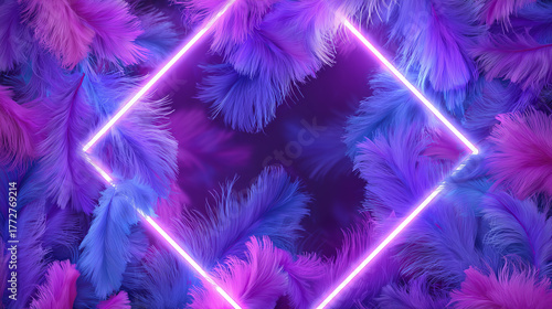 Neon glowing feathers frame with copy space on vibrant purple background