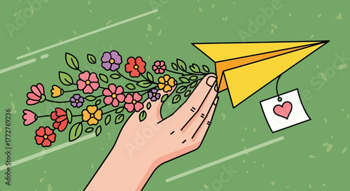 Whimsical illustration of a hand releasing a paper airplane trailing a bouquet of flowers