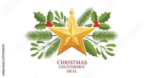 Golden star ornament surrounded by festive evergreen branches and holly berries for Christmas celebration