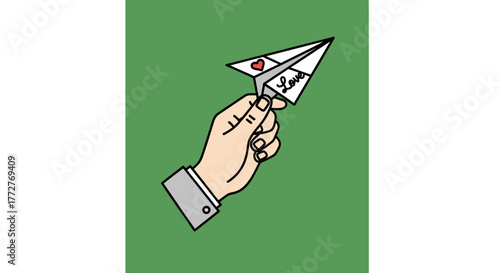 Concept of hand holding a paper airplane that symbolizes sending love messages to loved ones