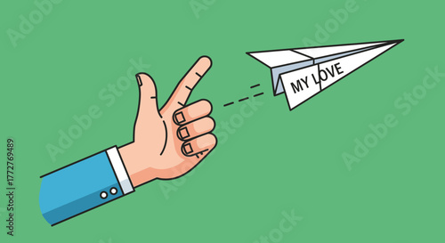 Symbolic gesture of sending affection through paper airplane on green backdrop featuring hand