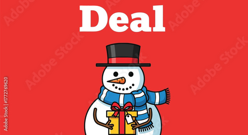 Cheerful snowman offers a festive holiday gift with a special sale announcement.