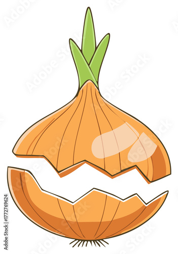 Vector illustration of a funny cartoon onion character with a cracked body forming a monster mouth