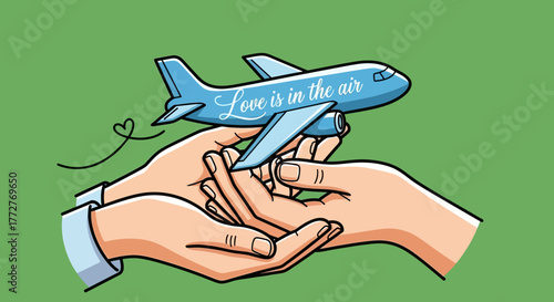 Cherished journeys: Loving hands guiding a vibrant airplane towards new horizons with affection