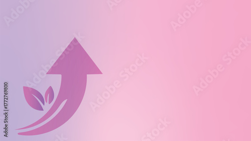 Pink arrow pointing upwards with leaves on a gradient background