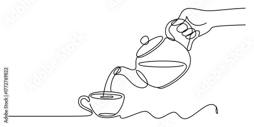 Minimalist single line drawing of a hand pouring tea from a teapot into a cup vector