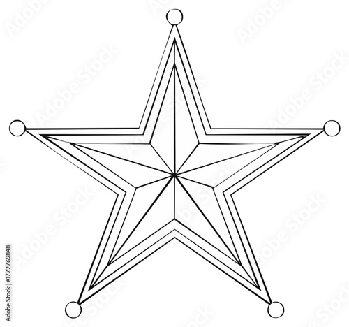 Sheriff Star Badge Outline Illustration, Law Enforcement Symbol, Five Pointed Star Black and White