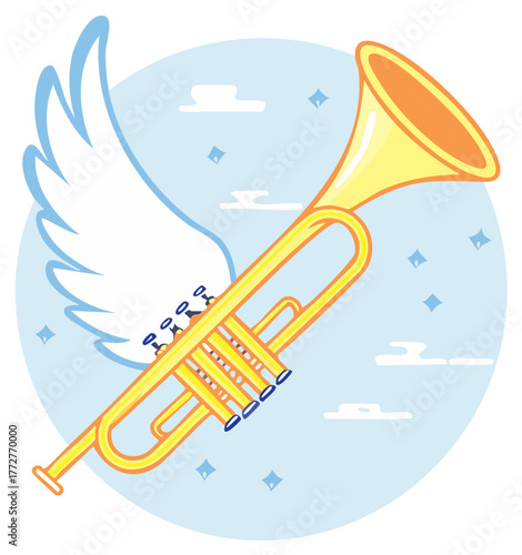 Flying trumpet with angel wings vector illustration
