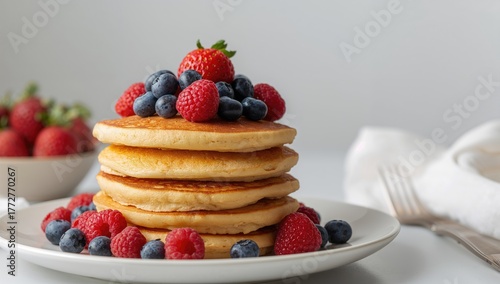 Breakfast pancakes topped w...