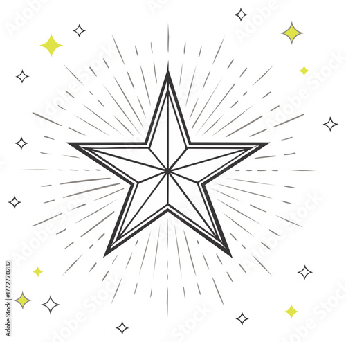 Stylized Five Point Star with Radiating Burst Lines and Decorative Sparkle Accents