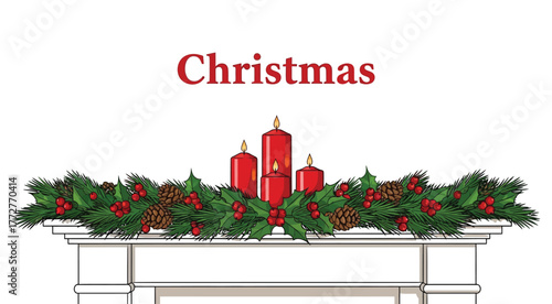 Festive Christmas garland with candles and pinecones adorns a mantelpiece, ready for holiday celebrations.